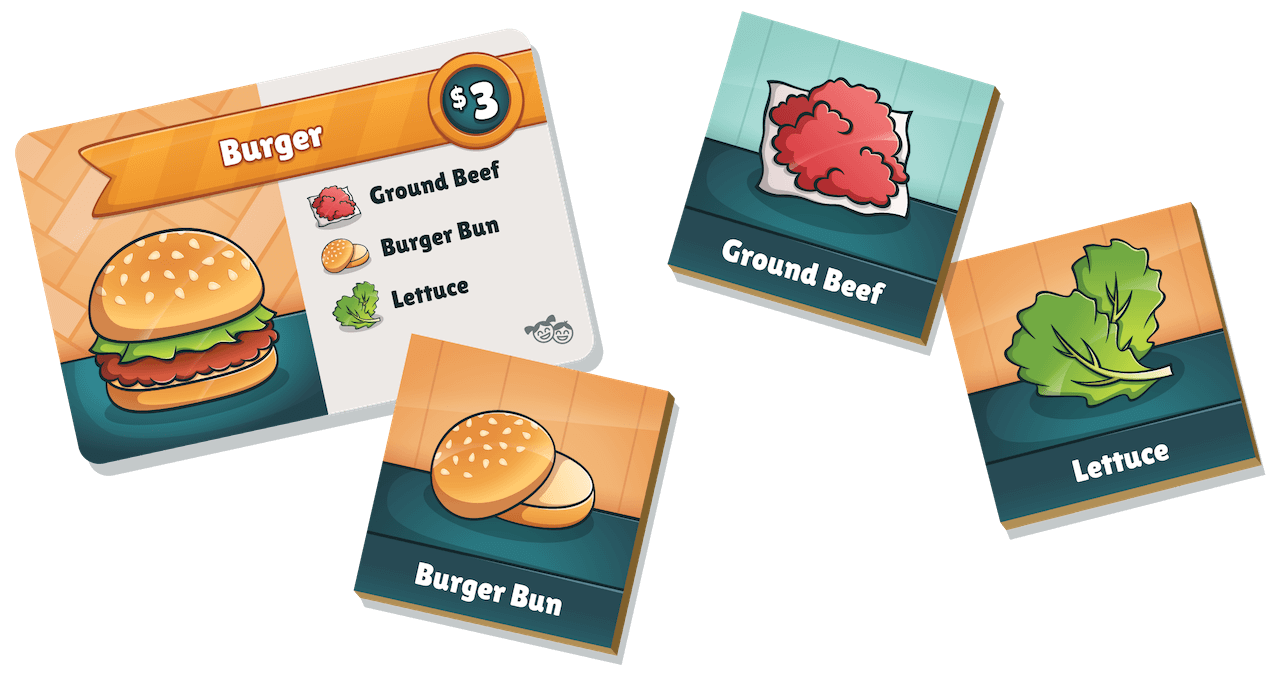A recipe card and ingredient tiles