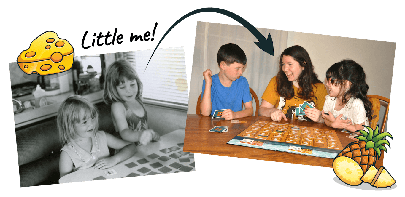 Photos of Heather as a child playing memory and playing Mind the Menu